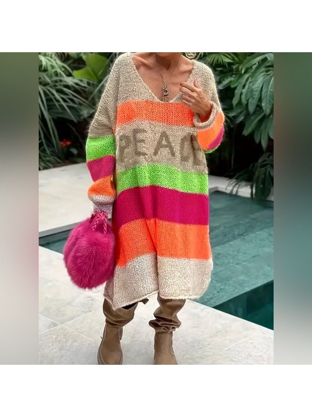 Oversized Bohemian Knit Crochet Peace Pattern Color Block Loose Sweater Dress - Picture 2 of 5